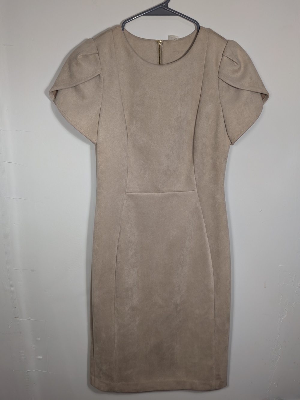 Calvin Klein Faux Suede Sheath Tulip Sleeve Tan Dress Knee Length Size 4